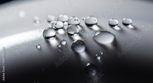 Luminous Water Beads Glistening on a Shimmering Silver Hydrophobic Surface