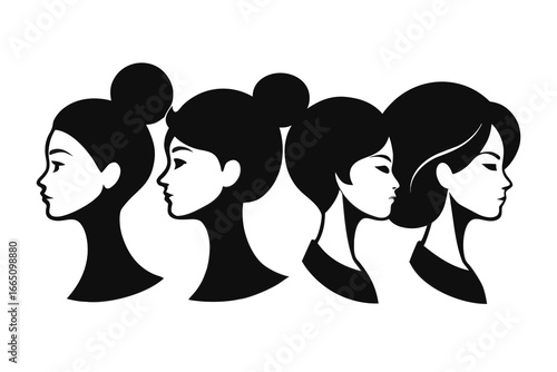 Four Women in Profile with Unique Hairstyles, Black Silhouette Illustration