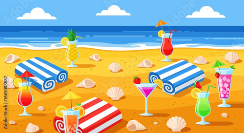 Beach Vacation with Towels, Cocktails, and Seashells.