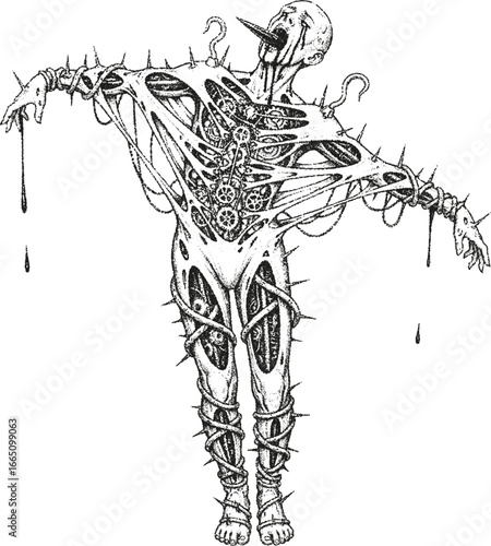 Surreal horror illustration of a tormented figure with exposed clockwork insides, representing pain, control, and the fragile mechanics of being. Stipple effect