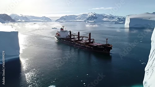 A large cargo ship navigates through a channel of icy water between massive icebergs and snow-covered mountains in a polar landscape.