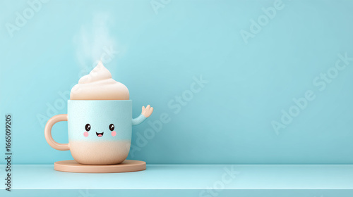A cartoon coffee cup with steam, smiling in a 3D illustration.