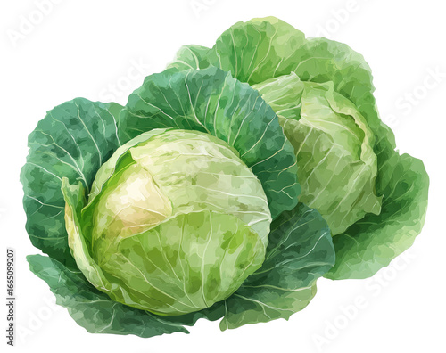 Two heads of fresh, vibrant green cabbage