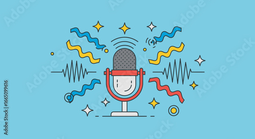 Classic Retro Microphone Broadcasting Sound Waves.