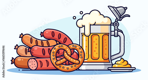 Classic German Feast with Beer Sausages and Pretzel Illustration.