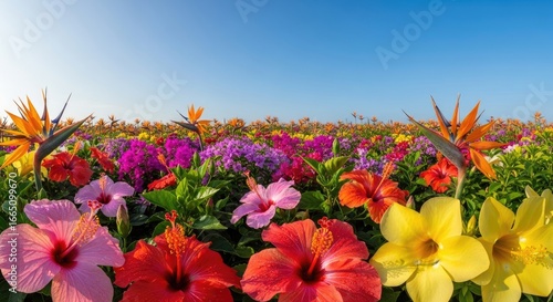 Vibrant Flower Field with Hibiscus and Bird of Paradise