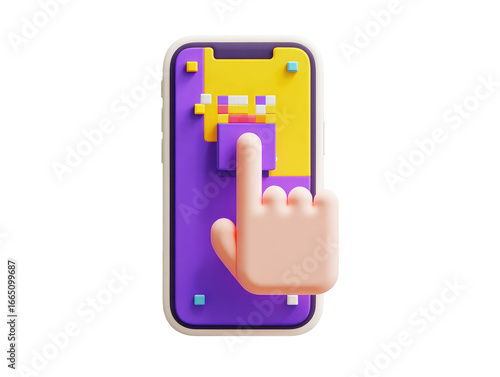 A hand touching a pixelated graphic on a smartphone screen