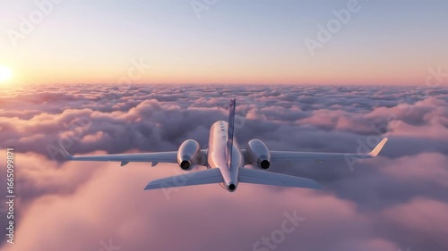A cinematic aerial view of a passenger airplane flying gracefully above a sea of fluffy clouds during a pastel sunset.