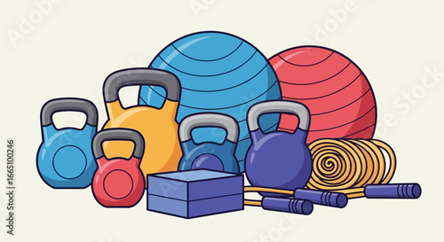 Colorful Collection of Gym and Fitness Equipment Illustration.