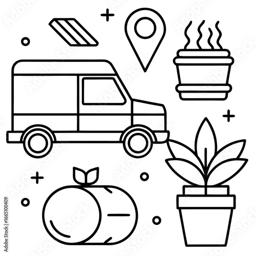 Delivery service icons including van plant and hot drink