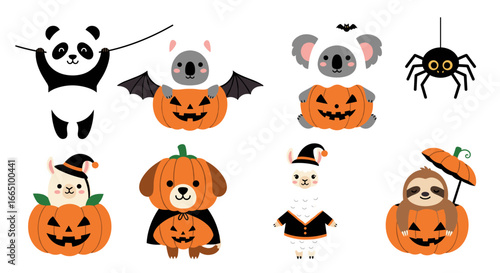 Adorable animals celebrating halloween with pumpkins and costumes including pandas koalas spiders dogs llamas and sloths