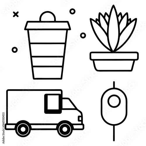Collection of simple line art icons for delivery and home