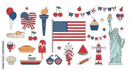 Collection of independence day american patriotic celebration elements icons vector