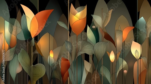 Abstract floral design featuring colorful leaves and flowers against a dark background