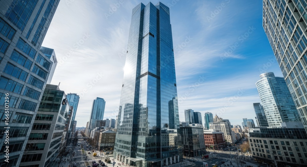 Fototapeta premium Modern skyscraper towering in the city of Warsaw, Poland