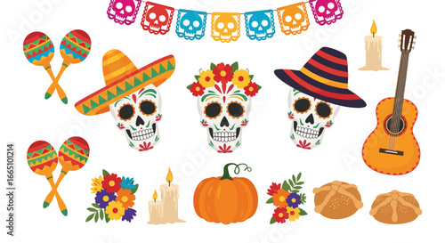 Vibrant day of the dead celebration decorations featuring sugar skulls maracas guitar pumpkin and candles
