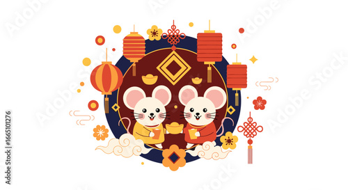 Celebrate chinese new year with adorable mice holding golden ingots and festive lanterns under auspicious decorations