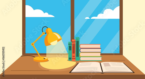 Cozy Study Desk with Lamp and Books for Focused Learning.