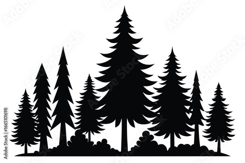 Silhouette Illustration Evergreen Forest with Coniferous Trees and Bushes in a Black and White Design