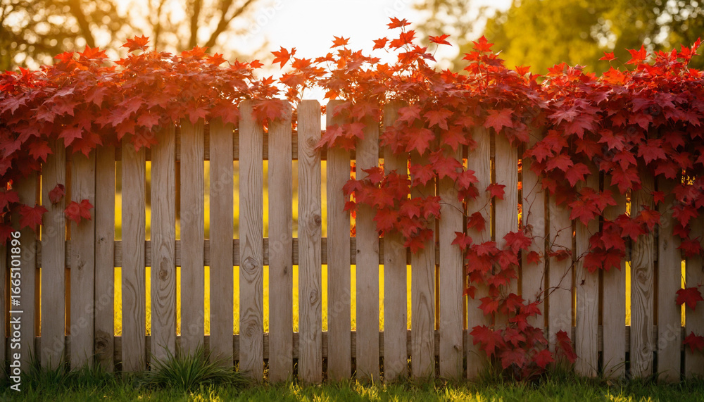 Obraz premium Wooden fence covered with red foliage in warm evening light