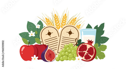 Shavuot festival symbols of the first fruits and ten commandments presentation graphic with wheat grapes apples figs pomegranate and milk celebrating the agricultural harvest and religious observance