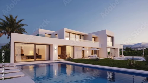 Wallpaper Mural Luxurious Modern Multi-Level Villa Facade In Serene, Mediterranean Environment, Floor-To-Ceiling Glass Windows, Cantilevered Terraces, Infinity Pool Torontodigital.ca