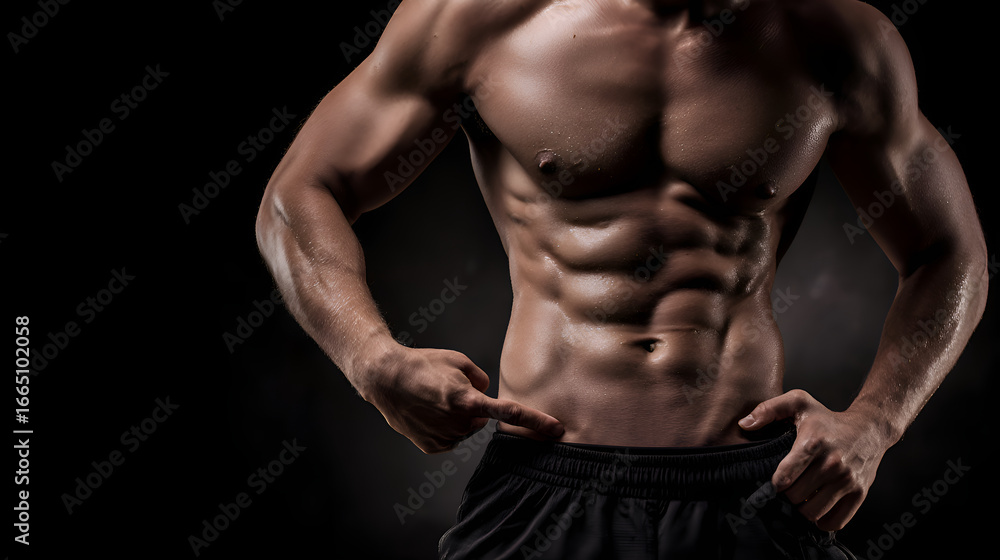 Fototapeta premium Muscular bodybuilder showing his six pack abs on black background