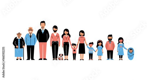 A generational portrait depicting diverse family members from infancy to old age