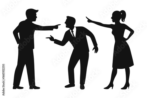 Silhouette Illustration Three Figures Pointing Fingers, Business Dispute, Accusation, Blame, Conflict