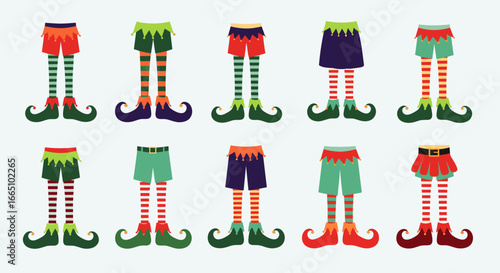 Collection of festive christmas elf legs wearing striped stockings and pointed shoes festive holiday attire