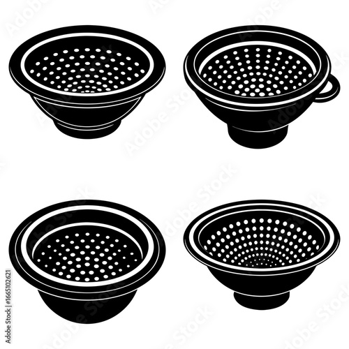 Four black and white colander illustrations with circular perforated designs in a kitchen setting