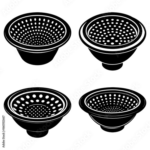 Four black and white colanders with circular holes arranged in a symmetrical pattern on a white background