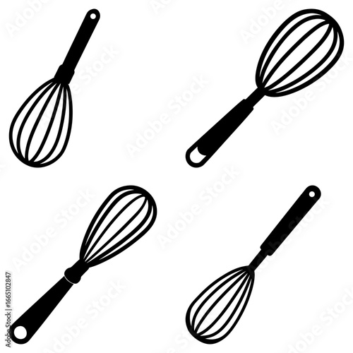 Four black and white illustrations of kitchen whisks with varying handle designs and wire configurations