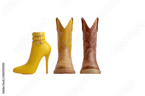 Pair of women's boots, one yellow, two brown.  High heels, western style