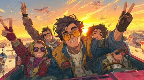 A diverse group of young friends enjoying a road trip adventure at sunset, with smiles and peace signs, capturing the essence of freedom and joy