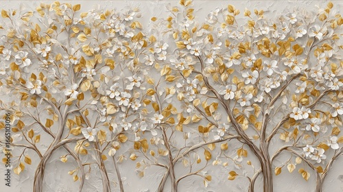 Elegant floral trees with white blossoms and golden leaves create a serene and sophisticated botanical design, perfect for adding a touch of nature and luxury to any space.