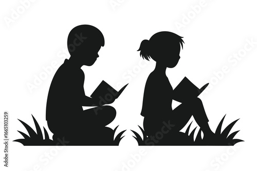 Silhouette of Children Reading Books Outdoors in the Grass, Black and White Art