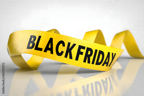 Unfurled yellow ribbon reading BLACK FRIDAY in black letters on a white background. Black Friday concept.