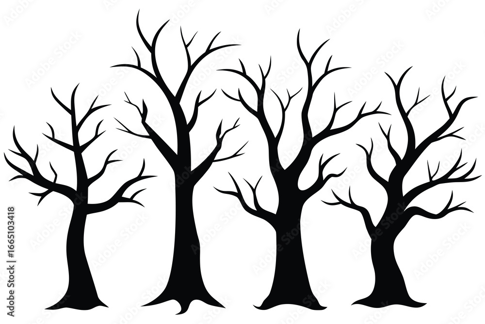 Obraz premium Silhouette of Four Bare Trees with Twisting Branches and Thick Trunks on White Background