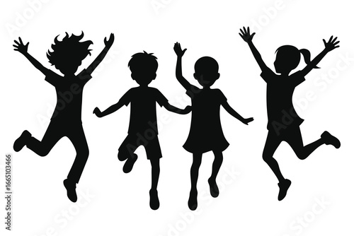 Silhouette of Four Children Jumping, Arms Raised in Celebration, Excitement, and Joy