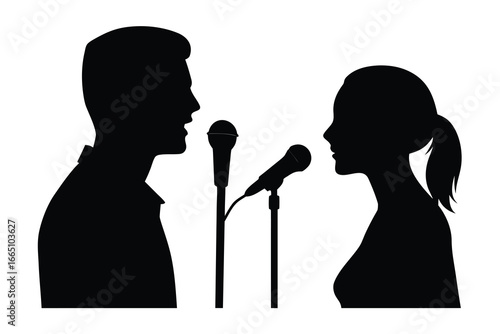 Silhouette of Man and Woman Singing into Microphones on a White Background