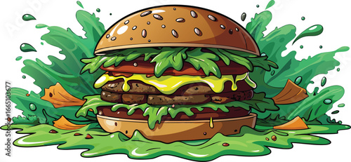 Giant Cartoon Burger with Green Splash and Orange Accents hamburger food