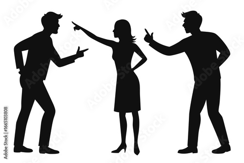 Silhouette of People Arguing and Pointing Fingers at Each Other on White Background