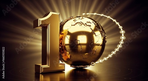 Tenth Anniversary Celebration with Golden Number 10 and World Globe | Shining Decade Milestone for Corporate Success, Global Business Expansion, and Product Launch Campaigns