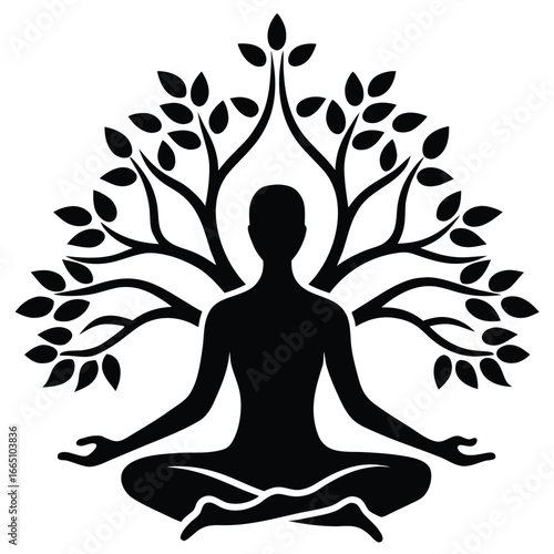 Silhouette of Person Meditating Under Tree of Life, Lotus Position Black and White