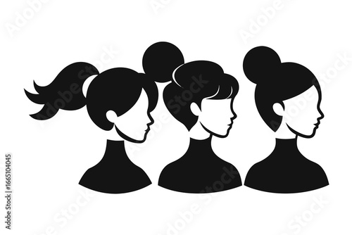 Silhouette of Three Women with Different Hairstyles in Profile on White