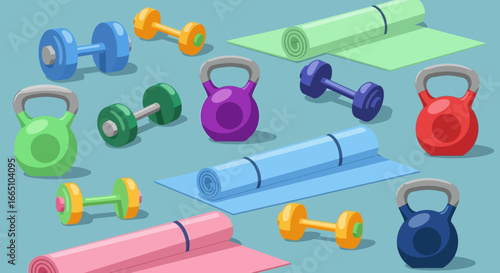 Fitness Equipment - Dumbbells, Kettlebells, and Yoga Mats.