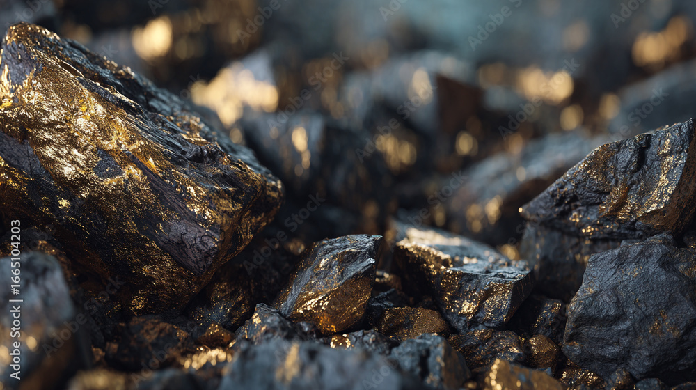 Fototapeta premium A close up shot of shiny black coal pieces with golden reflections in a dark and moody setting