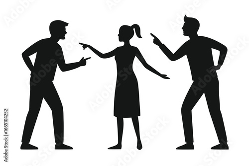 Silhouette of Two Men and One Woman Arguing and Pointing Fingers at Each Other