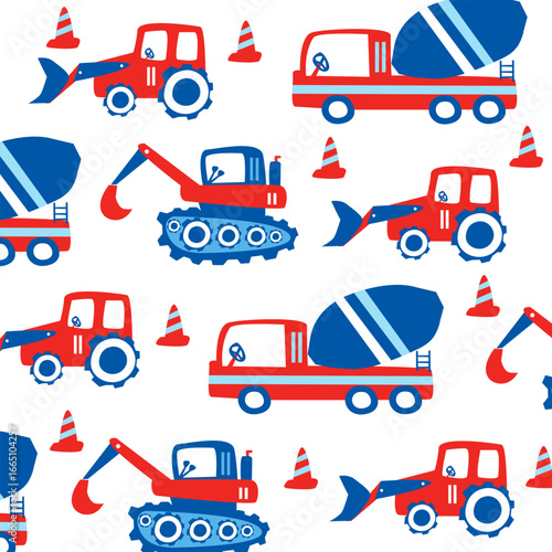 contraction cars and cement mixer trucks seamless vector cartoon design for kids apparel fullprint colorfull fabric